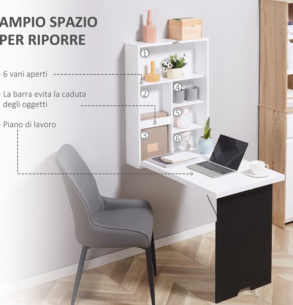 HOMCOM Tavolo Pieghevole da Parete Salvaspazio, Scrivania, Tavolo da Pranzo con Scaffali e Lavagnetta (60x94.5x147cm)|Aosom