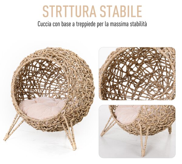 PawHut Cesta Rialzata per Gatti Fino a 10kg, Cuccia per Animali Domestici in Rattan PE Color Legno (Φ52x58cm)|Aosom
