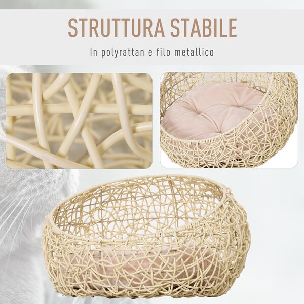 PawHut Cuccia Cesta per Gatti in Rattan con Cuscino in Lino e Cotone Beige Diametro 56 x 35 cm|Aosom