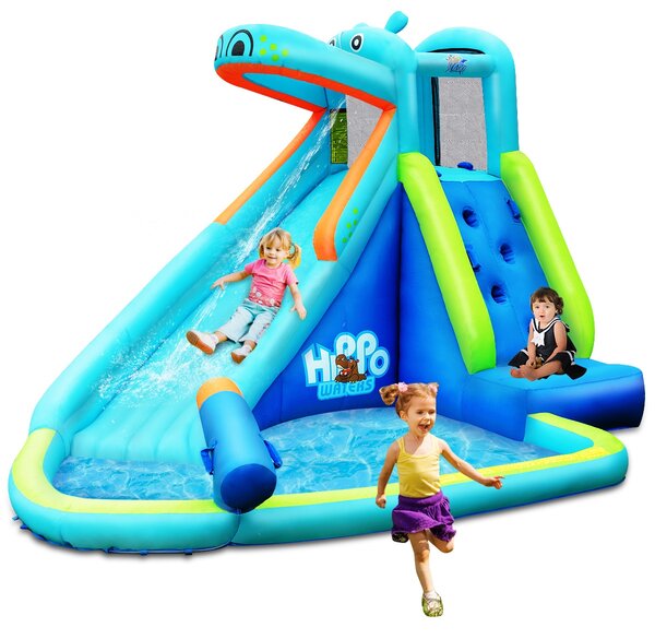 Costway Scivolo d'acqua gonfiabile a forma di ippopotamo con piscina per bambini da gioco esterno 3,5x3x2,25m Blu