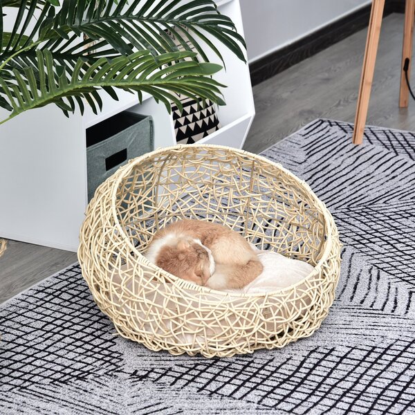 PawHut Cuccia Cesta per Gatti in Rattan con Cuscino in Lino e Cotone Beige Diametro 56 x 35 cm|Aosom