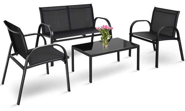 Costway Set mobili da giardino con 4 pezzi per chiacchierare, Sedie da cortile in ferro e tessuto a rete con tavolino in vetro, Nero