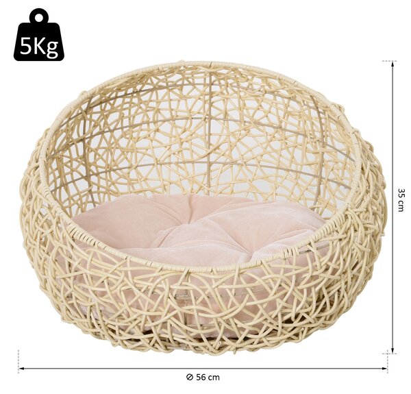 PawHut Cuccia Cesta per Gatti in Rattan con Cuscino in Lino e Cotone Beige Diametro 56 x 35 cm|Aosom