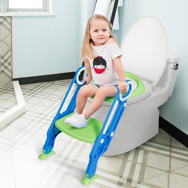 Costway Scaletta per WC per bambini regolabile con gradini ampi antiscivolo, Sgabello pieghevole con scala e maniglie blu e verde