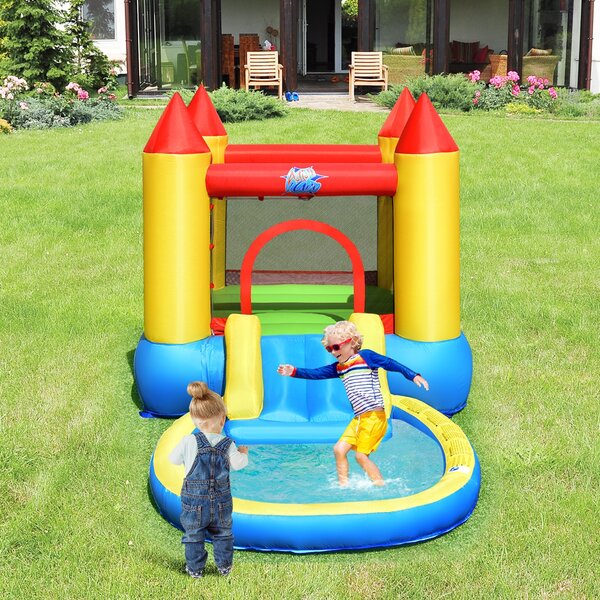 Costway Castello gonfiabile per bambini con scivolo ad acqua area e piscina 365x200x190cm, Parco acquatico gonfiabile da esterno