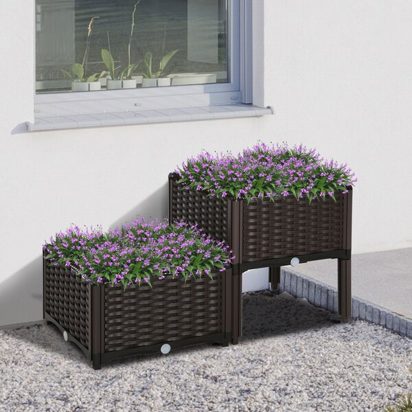 Outsunny Set 2 Pezzi Fioriere da Esterno Autoirriganti Rialzate Letto da Giardino Rialzato per Fiori Effetto Rattan in PP, Marrone