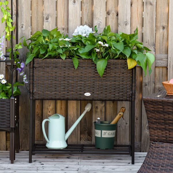 Outsunny Fioriera da Esterno e Interno Rettangolare in Rattan PE e Metallo con Base Rialzata e Ripiano Inferiore, 70x30x72cm, Marrone | Aosom