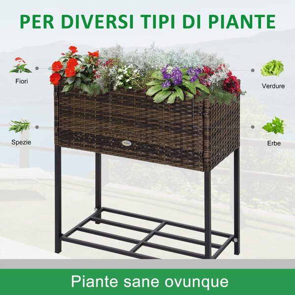 Outsunny Fioriera da Esterno e Interno Rettangolare in Rattan PE e Metallo con Base Rialzata e Ripiano Inferiore, 70x30x72cm, Marrone | Aosom