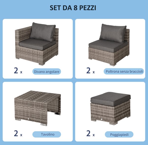 Outsunny Salotto da Esterno in Rattan PE da 8 Pezzi, Set Mobili da Giardino Salvaspazio con Poltrone, Tavolini e Sgabelli, Grigio|Aosom