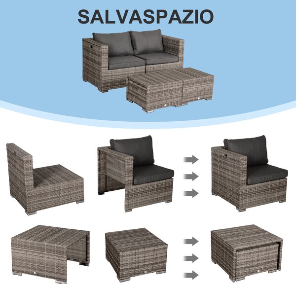 Outsunny Salotto da Esterno in Rattan PE da 8 Pezzi, Set Mobili da Giardino Salvaspazio con Poltrone, Tavolini e Sgabelli, Grigio|Aosom