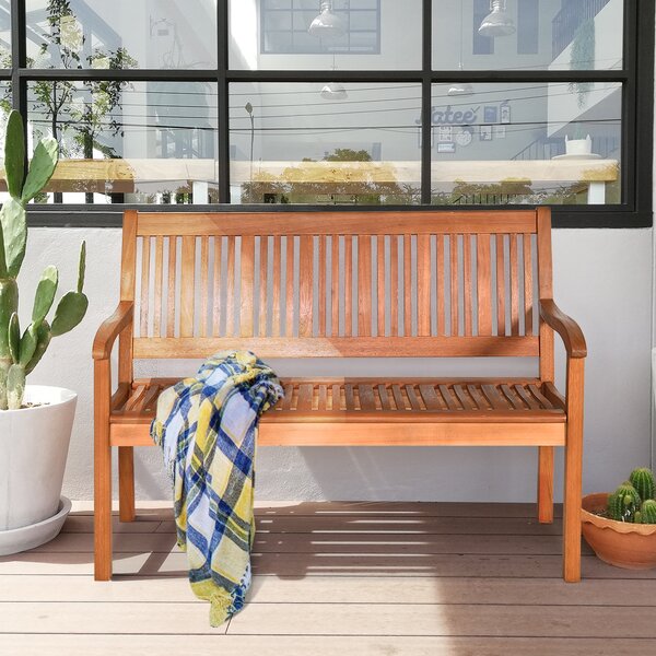Costway Panchina di legno 126 x 63 x 91 cm, Panchina da giardino per 2 persone con schienale curvo e braccioli ampi