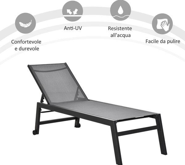 Outsunny Sdraia da Giardino lettino prendisole Sedie da terrazzo pieghevole arredamento Grigio Schienale Regolabile, 2 Ruote 169x65x102cm|Aosom