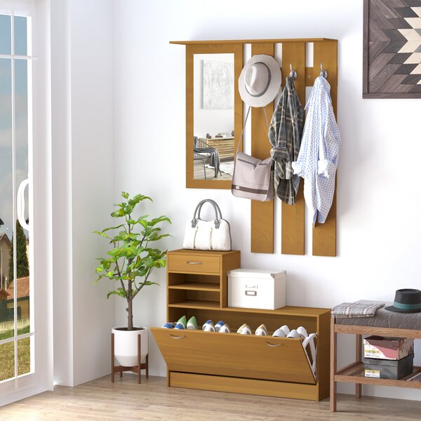 HOMCOM Mobile Guardaroba Scarpiera Regolabile e Specchio con Appendiabiti 6 Ganci per Ingresso e Camera da Letto in Legno|Aosom
