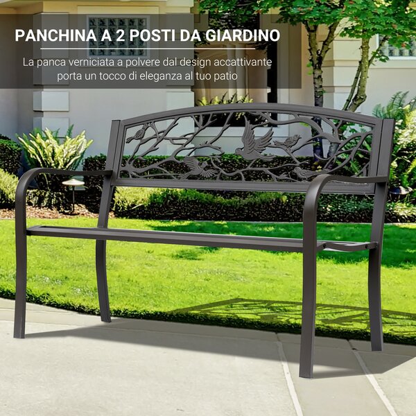 Outsunny Panchina da Giardino in Acciaio e Ghisa, Impermeabile, Marrone, Decorazioni Naturali, 127x60cm - Confort Esterno|Aosom