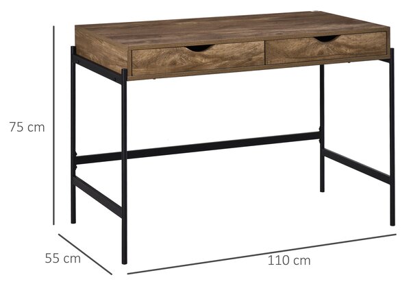 HOMCOM Scrivania Moderna Stile Industriale con 2 Cassetti per Camera e Ufficio, Metallo e MDF, 110x55x75cm, Nero Marrone