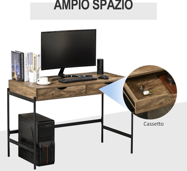 HOMCOM Scrivania Moderna Stile Industriale con 2 Cassetti per Camera e Ufficio, Metallo e MDF, 110x55x75cm, Nero Marrone