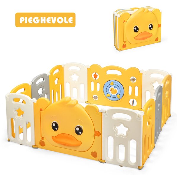 Costway Box pieghevole per interno ed esterno per bambini, Centro attività sicuro con disegno di anatroccolo giallo
