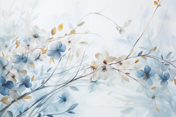 Carta da parati Composizione floreale con foglie blu e arancioni e fiori bianchi, petali delicati, rami, Carta da parati Floreale, w09009 : Uwalls.it