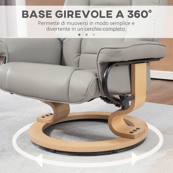 HOMCOM Poltrona Reclinabile a 130° con Pouf Poggiapiedi in Finta Pelle, Base Girevole e Dondolo, Grigio