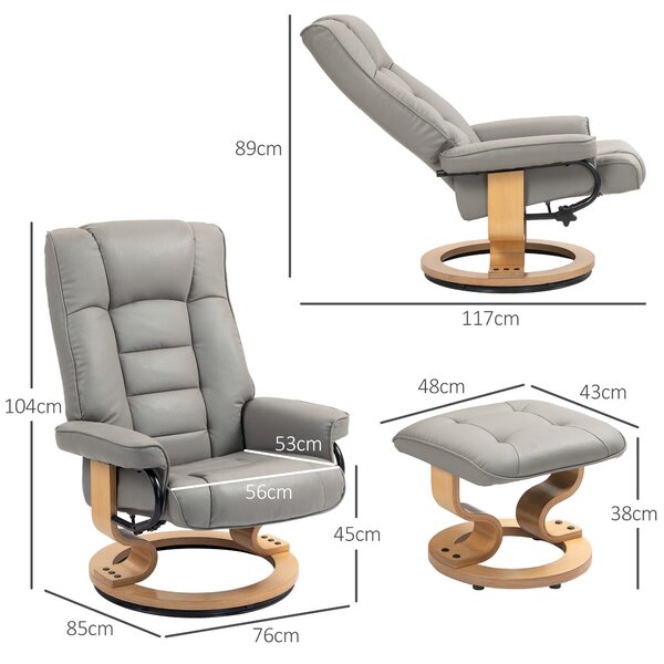 HOMCOM Poltrona Reclinabile a 130° con Pouf Poggiapiedi in Finta Pelle, Base Girevole e Dondolo, Grigio