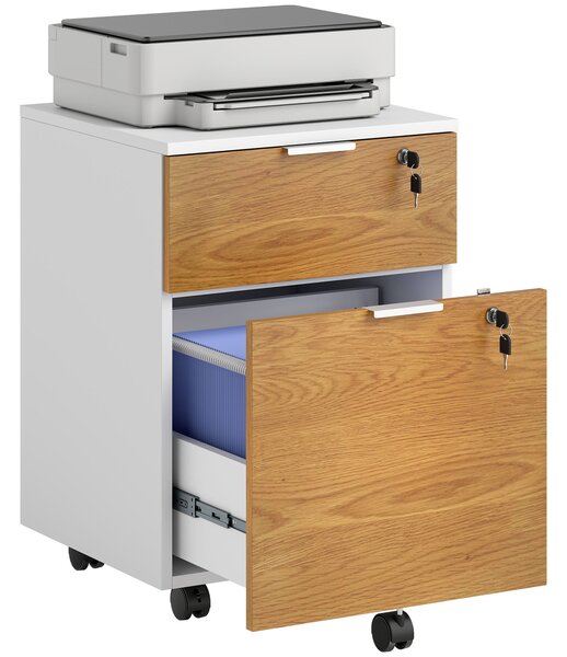 HOMCOM Cassettiera Ufficio a 2 Cassetti con Chiavi di Sicurezza e 5 Ruote, in Legno, 42x40x60 cm, Bianco e color Legno | Aosom Italy
