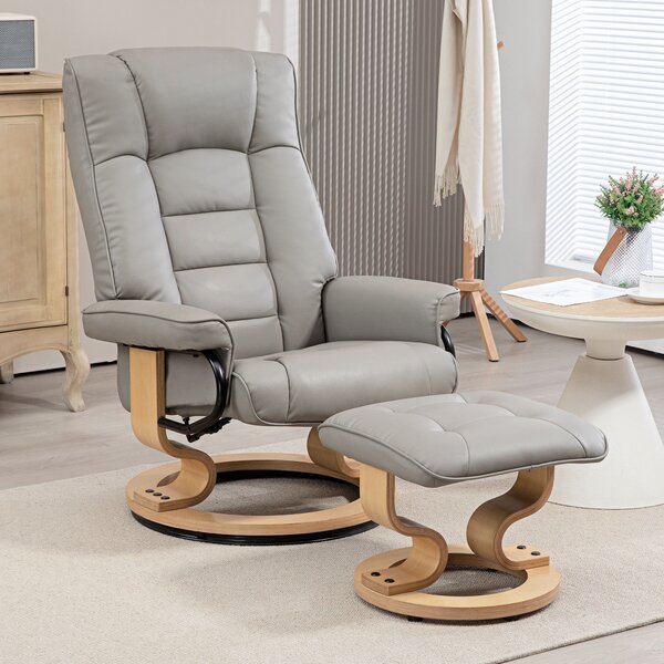 HOMCOM Poltrona Reclinabile a 130° con Pouf Poggiapiedi in Finta Pelle, Base Girevole e Dondolo, Grigio