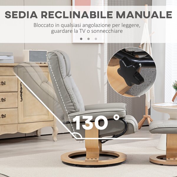 HOMCOM Poltrona Reclinabile a 130° con Pouf Poggiapiedi in Finta Pelle, Base Girevole e Dondolo, Grigio