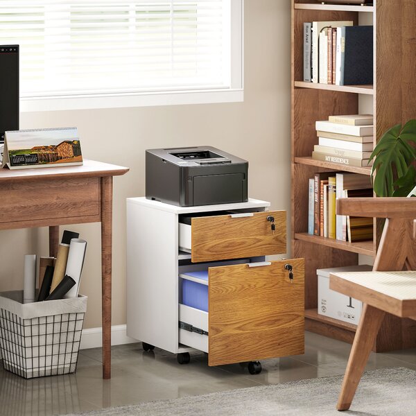 HOMCOM Cassettiera Ufficio a 2 Cassetti con Chiavi di Sicurezza e 5 Ruote, in Legno, 42x40x60 cm, Bianco e color Legno | Aosom Italy