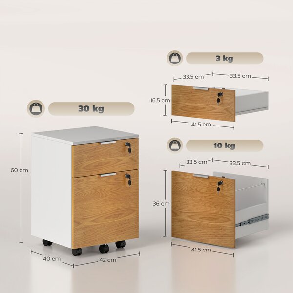 HOMCOM Cassettiera Ufficio a 2 Cassetti con Chiavi di Sicurezza e 5 Ruote, in Legno, 42x40x60 cm, Bianco e color Legno | Aosom Italy