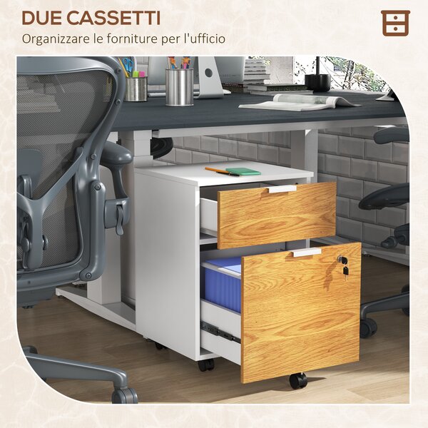 HOMCOM Cassettiera Ufficio a 2 Cassetti con Chiavi di Sicurezza e 5 Ruote, in Legno, 42x40x60 cm, Bianco e color Legno | Aosom Italy