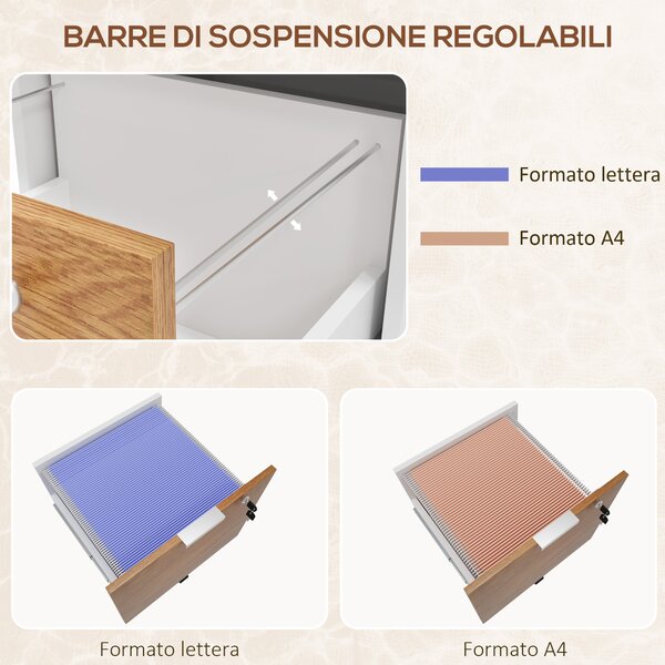 HOMCOM Cassettiera Ufficio a 2 Cassetti con Chiavi di Sicurezza e 5 Ruote, in Legno, 42x40x60 cm, Bianco e color Legno | Aosom Italy