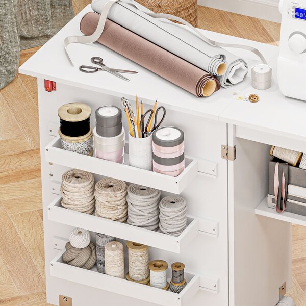 HOMCOM Tavolo da cucito pieghevole mobile da cucito con ripiano ribaltabile bacs de rangement e ripiano aperto, bianco