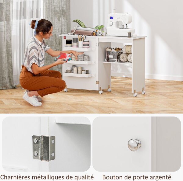 HOMCOM Tavolo da cucito pieghevole mobile da cucito con ripiano ribaltabile bacs de rangement e ripiano aperto, bianco