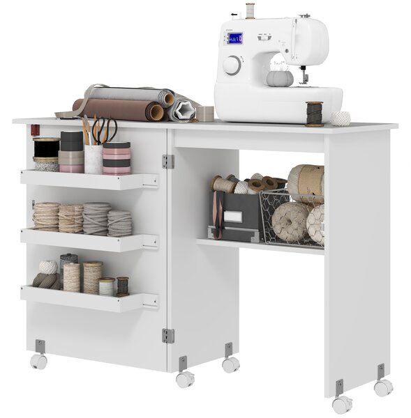 HOMCOM Tavolo da cucito pieghevole mobile da cucito con ripiano ribaltabile bacs de rangement e ripiano aperto, bianco