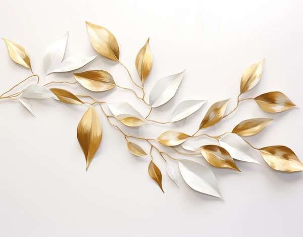 Carta da parati Foglie gialle e bianche su un ramo , design elegante, sfondo bianco, stile minimalista, arte, Carta da parati 3D, w09015 : Uwalls.it
