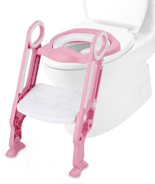 Costway Scaletta per WC con sedile imbottito, Sgabello regolabile e pieghevole con scala con maniglie, Rosa