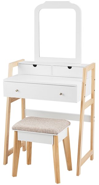Costway Toeletta con 3 cassetti e 2 livelli, Organizer cosmetici con specchio e sgabello imbottito, Bianco