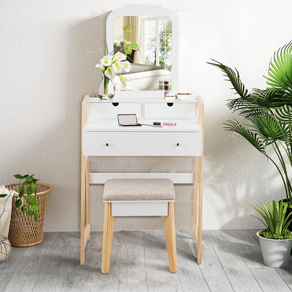 Costway Toeletta con 3 cassetti e 2 livelli, Organizer cosmetici con specchio e sgabello imbottito, Bianco