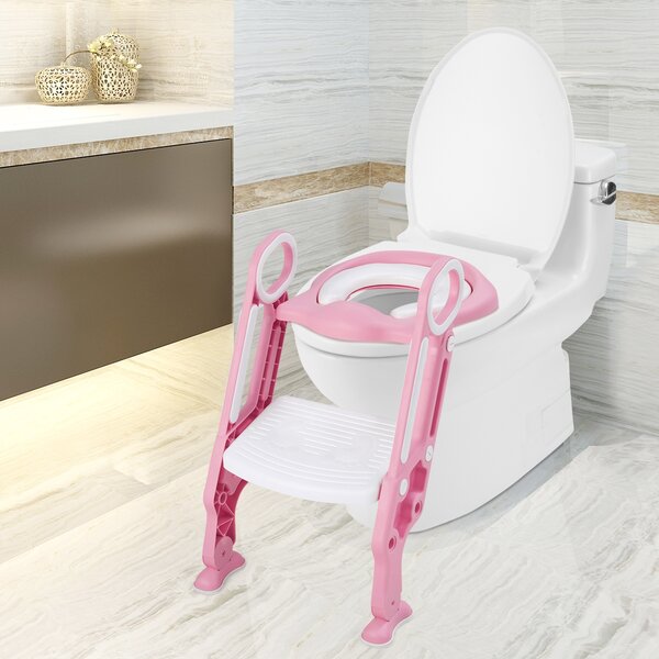 Costway Scaletta per WC con sedile imbottito, Sgabello regolabile e pieghevole con scala con maniglie, Rosa