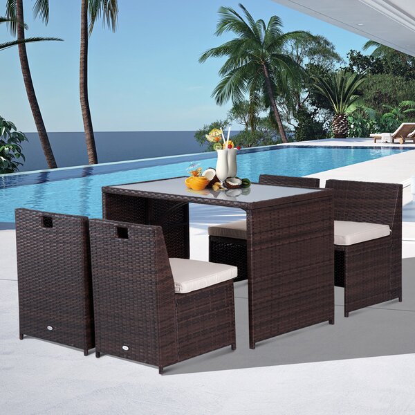 Outsunny Set Mobili da Giardino in Rattan 5pz Tavolo Pranzo 4 Sedie con Cuscini|Aosom