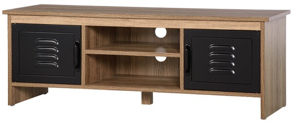 HOMCOM Mobile TV Banc TV 110 cm Design Industriale, con 2 armadi, 2 nicchie, 2 Passacavi, Aspetto del legno con venature Porte in metallo Nero