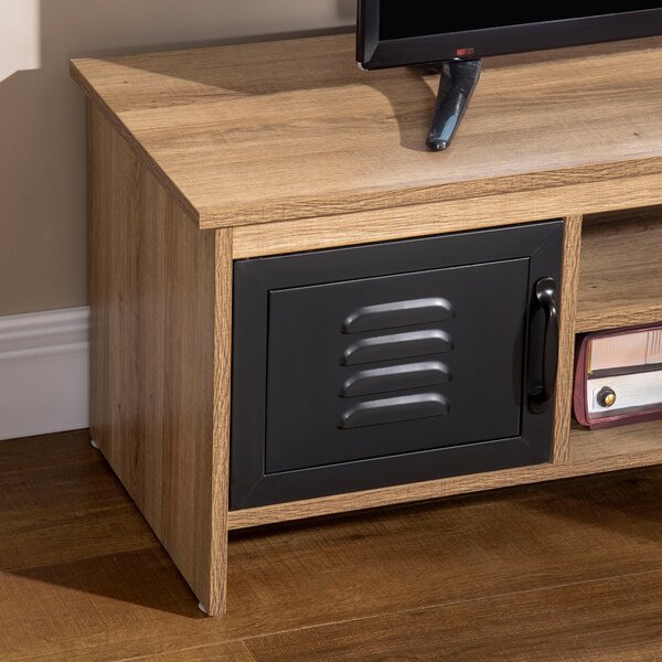 HOMCOM Mobile TV Banc TV 110 cm Design Industriale, con 2 armadi, 2 nicchie, 2 Passacavi, Aspetto del legno con venature Porte in metallo Nero