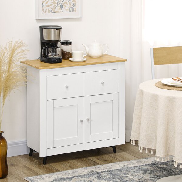 HOMCOM Mobiletto da stoccaggio buffet con armadio a porte e 2 cassetti, per salotto, sala da pranzo, dim. 78 x 35 x 80 cm, bianco