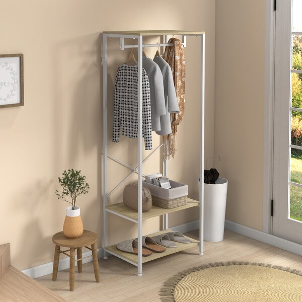 HOMCOM Appendiabiti con sospensione e 2 scaffali per scarpe 60L x 40P x 167,5A cm Effetto legno Chiaro metallo Bianco