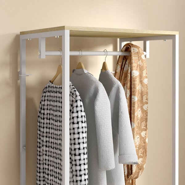 HOMCOM Appendiabiti con sospensione e 2 scaffali per scarpe 60L x 40P x 167,5A cm Effetto legno Chiaro metallo Bianco
