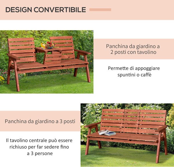 Outsunny Panchina in Legno da Giardino di Abete 2 o 3 Posti, Tavolino Convertibile in Seduta, Impermeabile, 160x70x85cm | Aosom Italy|Aosom