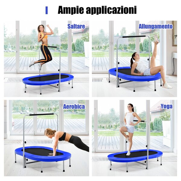 Costway Trampolino doppio per 2 persone con maniglia e cuscinetto, Trampolino ovale pieghevole per bambini e adulti Blu