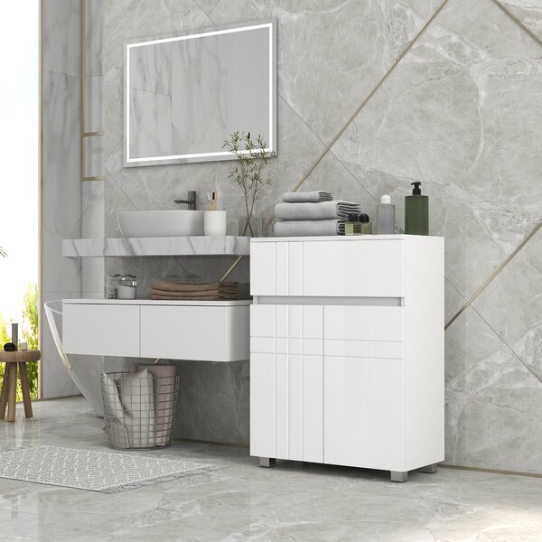 Kleankin Mobiletto da bagno su piedi con 2 porte 1 cassetto, scaffale regolabile, bianco lucido