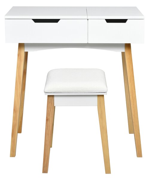 Costway Toeletta con specchio ermetico, Toeletta di legno con sgabello e cassetto, Bianco