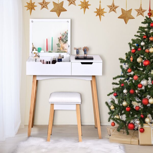 Costway Toeletta con specchio ermetico, Toeletta di legno con sgabello e cassetto, Bianco